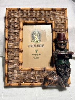 Dezine African Empire Safari Jungalow Monkey In Fez Cane Weave 4x6 Picture Frame